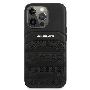 Cietais Hardcase vāciņš Mercedes AMHCP13LGSEBK priekš iPhone 13 Pro 6.1" melna āda ar reljefa līnijām