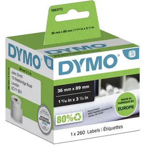 Dymo Большие адресные этикетки 36 мм х 89 мм Рулон 260 штук Самоклеящиеся бумажные этикетки для принтера LabelWriter