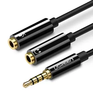 AUDIO kabelis adapteris UGREEN AV141 3,5 mm 4‑kontaktu vīrietis uz 2×3,5 mm sieviete, 0,2 m, melns