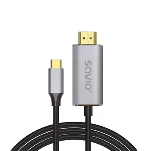 USB-C to HDMI 2.0b cable SAVIO CL-171 — 2 m, USB-C male to HDMI Type A male, 4K 4096×2160, silver cable with black and gold tips