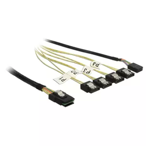 Iekštīkla Mini SAS uz 4×SATA kabelis DELOCK 0,5 m — Mini SAS SFF-8087 uz 4×SATA 7p, melns/skrūve/dzeltens