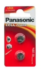 Poga/monētas tipa vienreizlietojama baterija Panasonic LR-44EL — sālsskābes (Alkaline) 1,5 V, augstums 5,1 mm, Ø 11,5 mm, 2 gab.