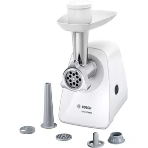 Meat Mincer Bosch MFW2520W 1500W — stainless steel housing, 4 mm and 8 mm plates, sausage horn, kebbe maker