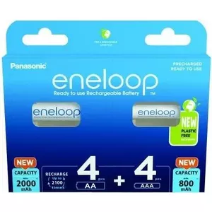 Перезаряжаемые аккумуляторы Panasonic Eneloop AA 2000 mAh (4 шт.) и AAA 800 mAh (4 шт.), Ni‑MH, 1,2 В, 8 шт.