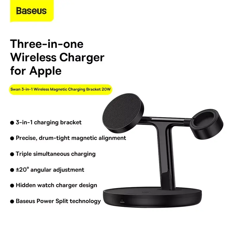 Baseus Swan 3-in-1 Wireless Magnetic Charging Bracket 20W Black Universal version (Include: USB For type-C 3A 1m) Photo 5