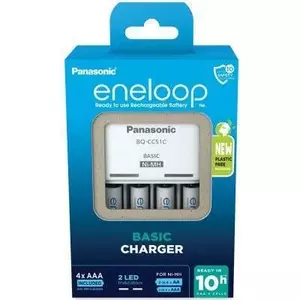 Battery charger Panasonic ENELOOP K-KJ51MCD04E for AA/AAA, supports 4 cells, input 100–240V, charge currents 0.25A/0.12A, white