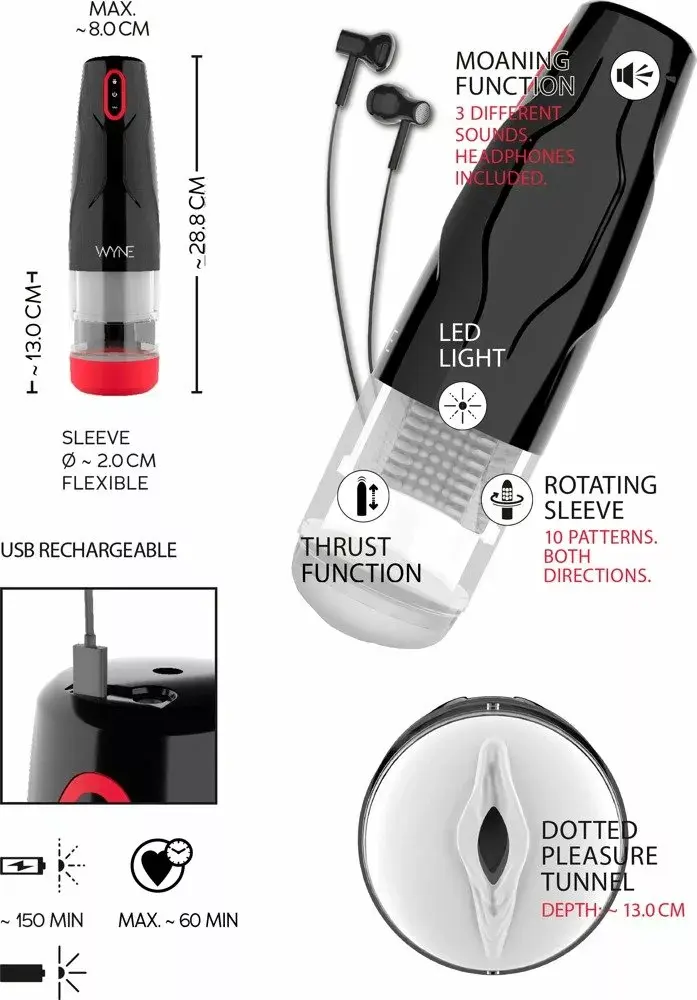 Мастурбатор WYNE Silicone Black — вращающийся, USB-зарядка Photo 12