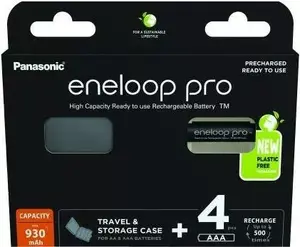 Перезаряжаемые аккумуляторы Panasonic Eneloop Pro AAA 930 мАч Ni‑MH 1.2 В, комплект 4 шт. с чехлом