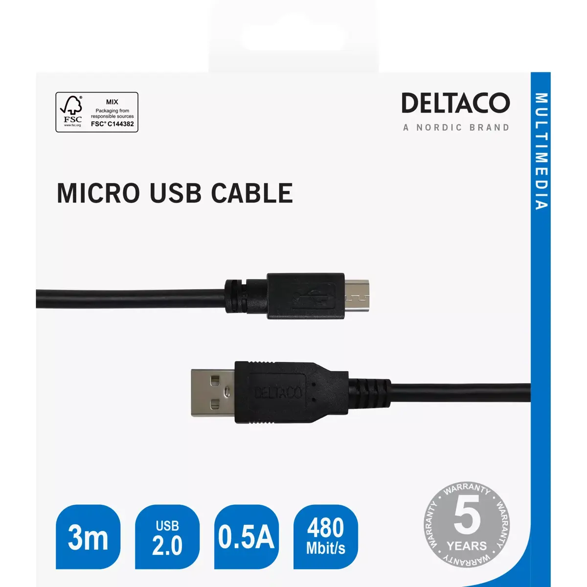 DELTACO USB 2.0 Micro-B cable 3 m Photo 3