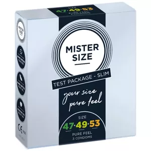 Vīriešu prezervatīvs mister size Test Packege Slim 3 gab., gluds, caurspīdīgs, biezums 0,05 mm