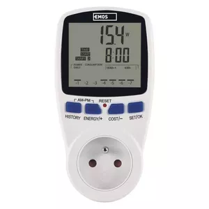 Ваттметр EMOS P5805 с встроенным дисплеем, белый, мощность 2–3680 Вт, габариты 148×75×75 мм