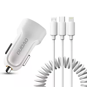 Dudao car kit 2x USB 2.4A charger + 3in1 Lightning / Type C / micro USB cable white (R7 white)