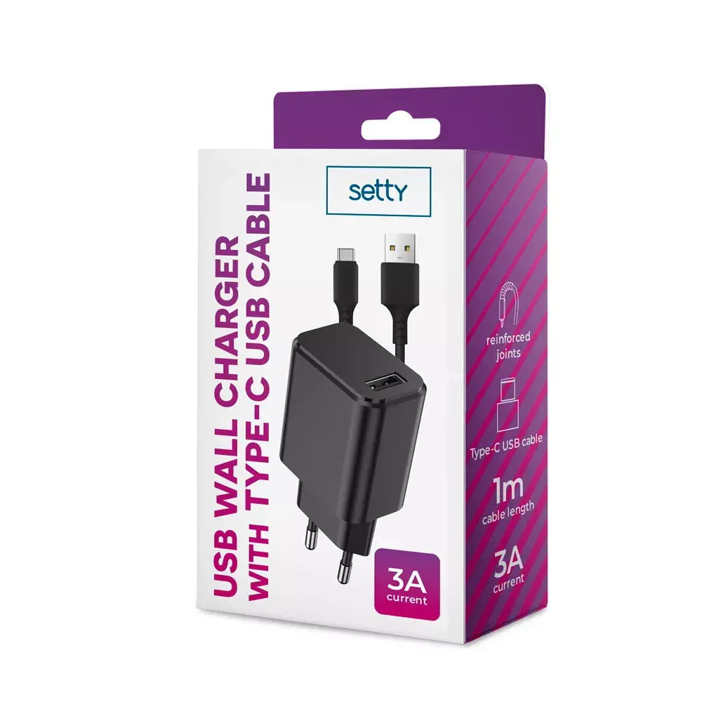 Setty Wall Charger 1x USB 3A with USB-C Cable Photo 7
