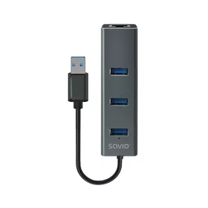 Концентратор SAVIO USB‑A с RJ‑45 Gigabit Ethernet AK‑57 — 3× USB‑A + RJ‑45, USB 3.2 Gen 1 Micro‑B, 5 Гбит/с, 4 порта, серый