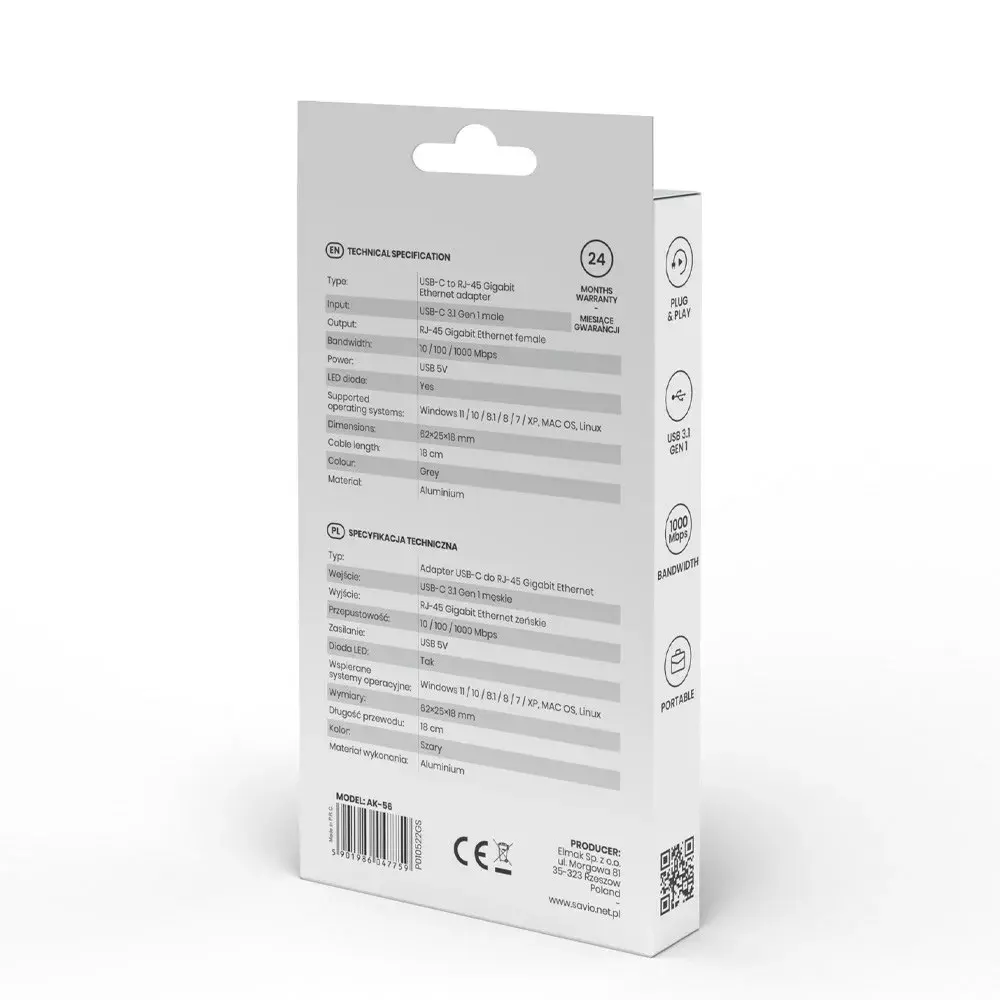 SAVIO AK-56 USB-C → RJ-45 Gigabit адаптер Photo 2