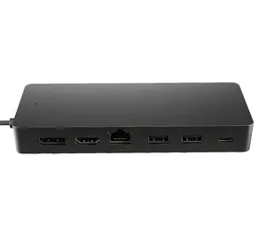 HP Universal USB-C Multiport Hub with HDMI, DisplayPort, RJ-45, USB-A, and USB-C interfaces featuring USB 3.2 Gen 1 host connection and black finish