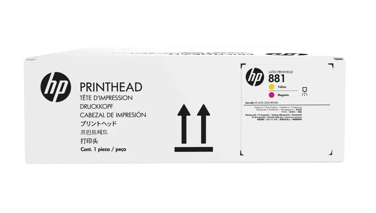 HP 881 dzeltena un purpursarkana lateksa