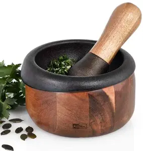 Mortar and Pestle AdHoc Crush — Black Acacia Wood Bowl with Cast Iron Pestle, Ø 13 cm, Pestle Ø 4.2 cm, Height 12.5 cm