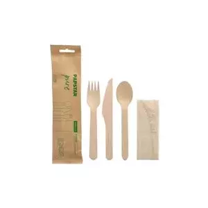 Cutlery set Papstar 88954 — birch wood, 4-piece (fork, knife, spoon, napkin)