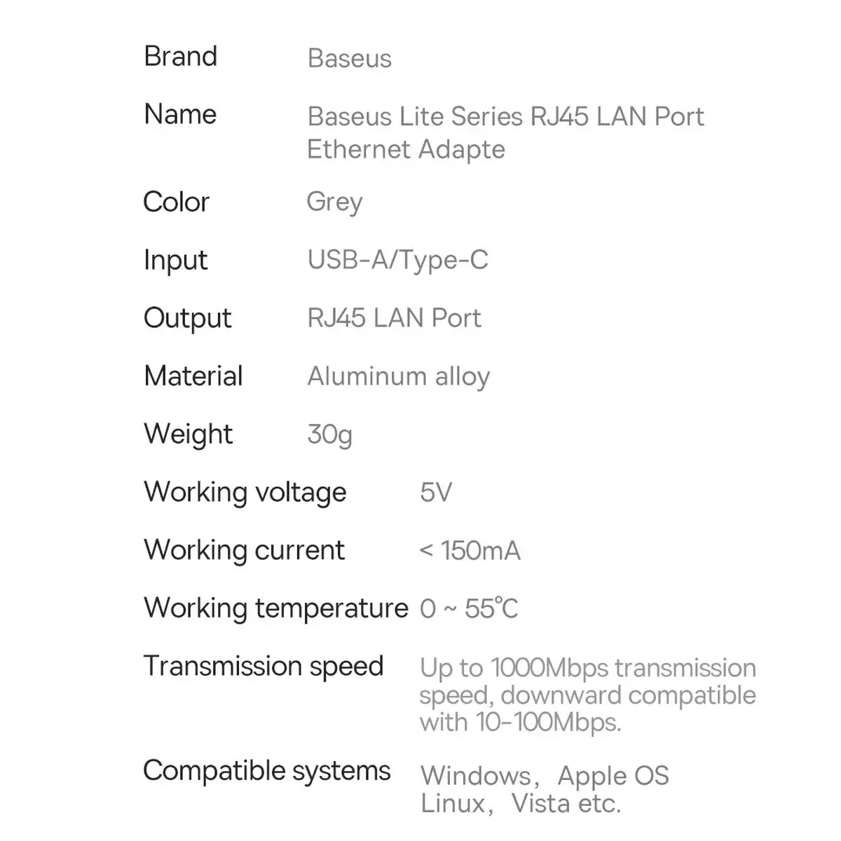 Сетевой адаптер Baseus Lite Series USB-C to RJ45 Gigabit 1000Mbps (серый) Photo 7