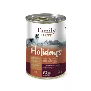 Sukāmais konservēts ēdiens suņiem Family FIRST Holiday Adult — jērs, liellops, kartupelis, 400 g