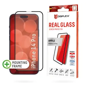 Tempered Glass Full Cover Screen Protector Displex for Apple iPhone 14 Pro (10H), Eco Mounting Frame, Glossy, Case Friendly