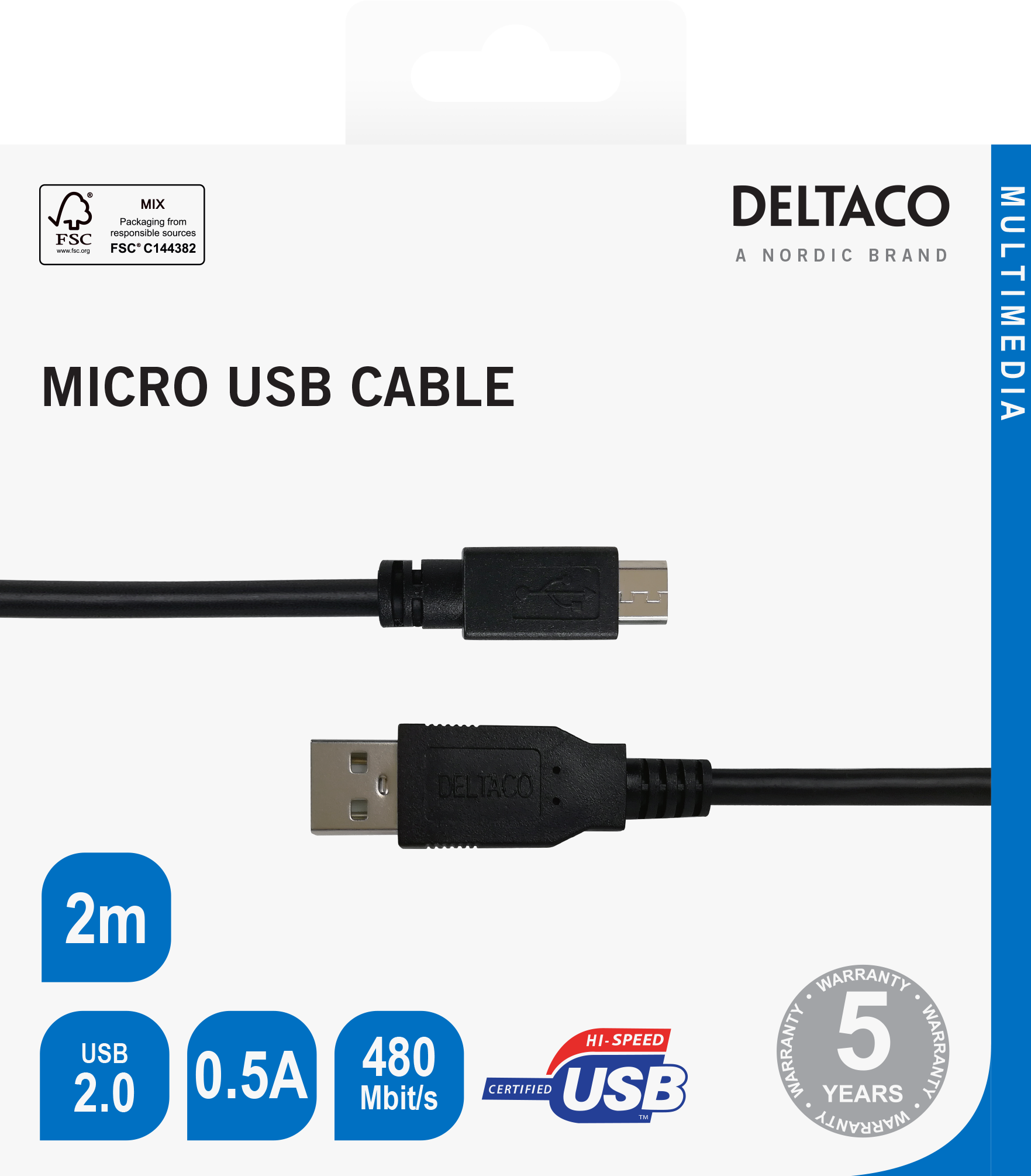 DELTACO USB 2.0 Micro B cable 2 m Photo 3