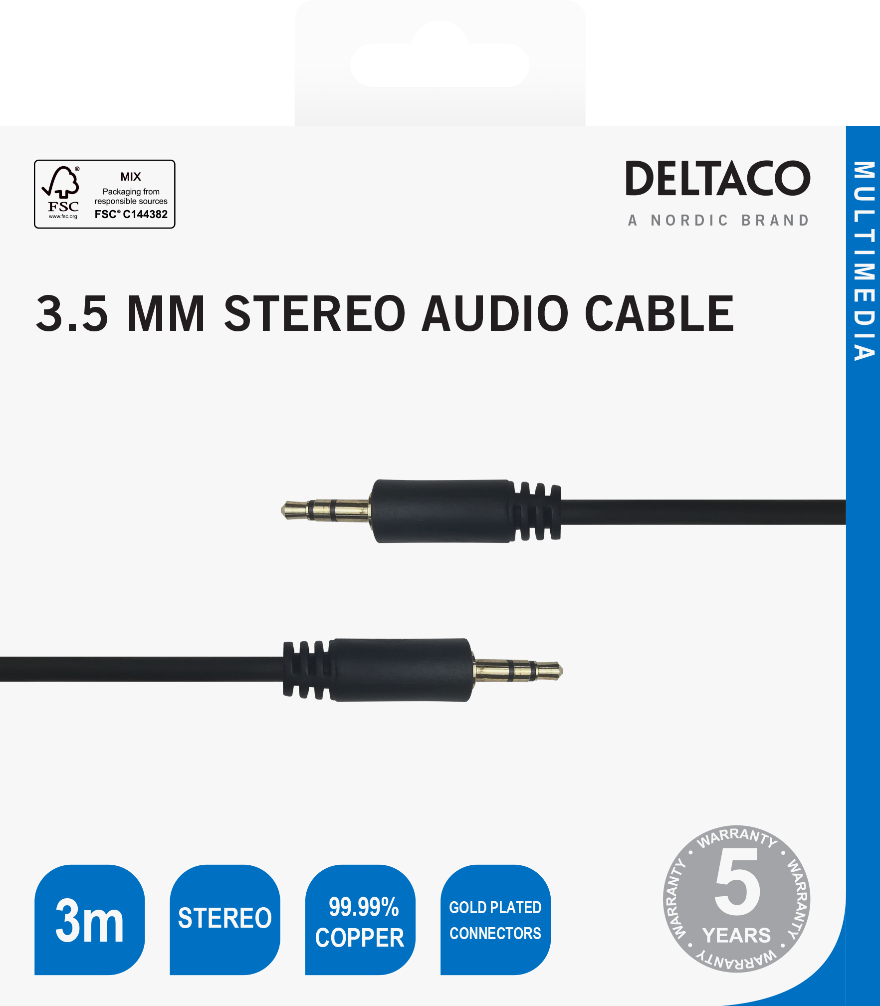 DELTACO 3.5 mm gold-plated audio cable, 3 m Photo 3
