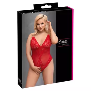 Crotchless body cottelli collection 2XL red – wireless cups, lace inserts, powernet (90% polyamide, 10% spandex)