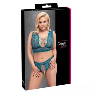 Apakšveļas komplekts Cottelli Collection — bralete un atvērtas biksītes, tirkīza mežģīnes, XL, 90% poliamīds 10% spandekss