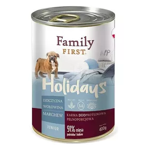 Mitrs barības produkts kucēniem Family FIRST Holidays Junior — brieža gaļa, liellopa un burkāni, 400 g