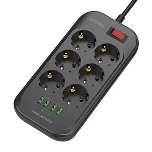 Sadalītājs LDNIO SE6403 — 6 AC kontaktligzdas, 4 USB ports, 2 m kabelis (melns)