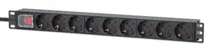 Intellinet 19-inch 1U Rackmount Power Distribution Unit with 9 CEE 7/3 Outlets, 2 m Power Cord, 16 A Current, and On/Off Switch in Black Aluminum