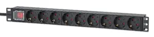 Intellinet 19-inch 1U Rackmount Power Distribution Unit with 9 CEE 7/3 Outlets, 2 m Power Cord, 16 A Current, and On/Off Switch in Black Aluminum
