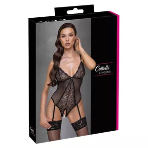 Cottelli Collection crotchless string body L black — powernet, lace, removable adjustable suspender straps