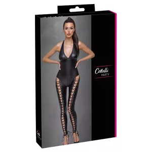 Catsuit Cottelli Collection M Black matte-look stretch jumpsuit with halterneck, lacing and 2-way crotch zip, 90% polyester 10% spandex