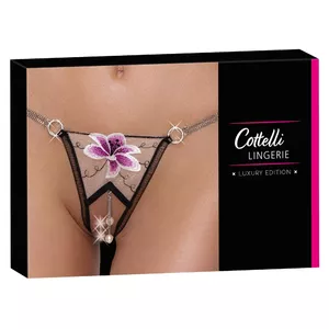 Тонг Cottelli Collection 23222691111 S/M — бесшовный открытый шаг, тюль с цветочной вышивкой, стразы на поясе, съёмные жемчужные цепочки