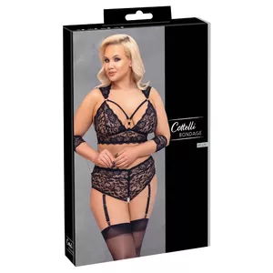 Apakšveļas komplekts Cottelli Collection: bralete, atvērtas biksītes ar zeķturēm, roku ierobežotāji, izm. 4XL, melns