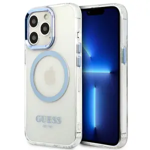 Protective hard case GUESS for iPhone 13 Pro Max 6.7" with blue metal outline and MagSafe compatibility
