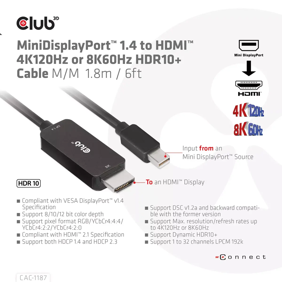 Cable MiniDisplayPort 1.4 to HDMI CLUB3D CAC-1187 Photo 2