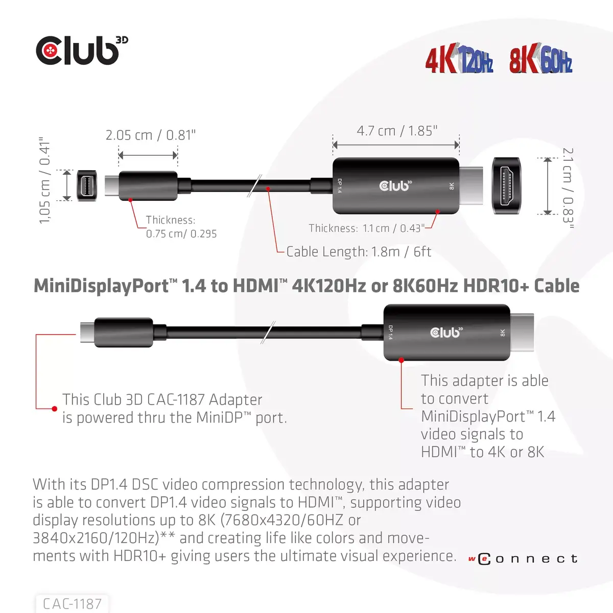 Cable MiniDisplayPort 1.4 to HDMI CLUB3D CAC-1187 Photo 3
