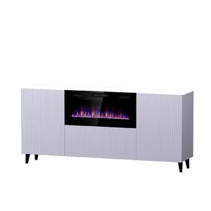 Комод с электрическим камином Cama Meble PAFOS, 180x42x82 см, белый мат, 1400–1600 Вт, без ручек, 3 дверцы, 2 полки