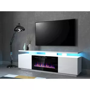 ТВ-тумба Cama Meble EVA с электрокамином 180×40×52 см, белый каркас, глянцевые белые двери, МДФ столешница