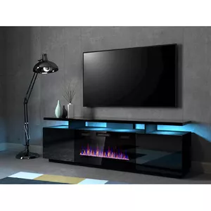 Тумба под TV Cama Meble EVA с электрическим камином 180x40x52 см, черная/глянцевая