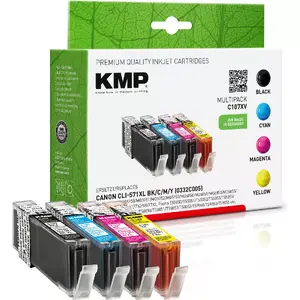 Tintes kasetņu komplekts KMP C107XV High (XL) ietilpība melns, zils, purpurs, dzeltens priekš Canon — melns 11 ml, krāsainie 11 ml