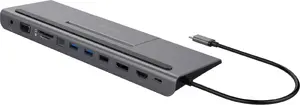 Deltaco USBC-DOCK2 USB-C klatnes dokstacija ar 85W strāvas padevi, 4K UHD, HDMI, DisplayPort, VGA, Ethernet un karšu lasītāju, pelēka