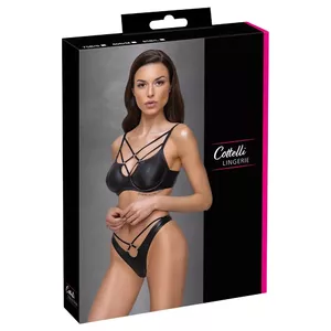 Комплект Cottelli Collection 85B/L Matte — бюстгальтер с косточками и стринг rio, чёрный, 90% полиэстер/10% спандекс