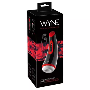 Masturbator WYNE Silicone Black — rechargeable automatic stimulator, 7 vibration & 3 suction modes, warming to 40°C, removable sleeve, USB