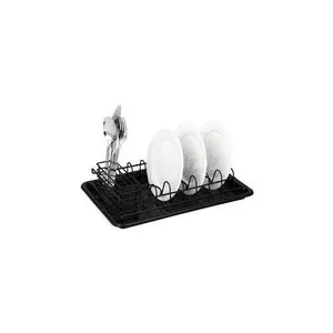 Dish Rack - Metal black wired dish dryer, partially coated with anti-slip silicone. The set includes a drainer and a cutlery container. Dimensions: 38 x 24 x 9.5 cm