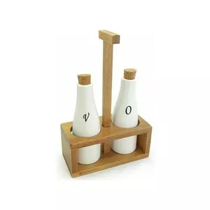 KingHoff Kassel Oil and Vinegar Serving Set, Porcelain and Acacia Wood